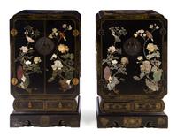 A Pair of Chinese Stone Inset Lacquered Cabinets Height 42 x width 26 x depth 16 inches. — 20TH CENTURY