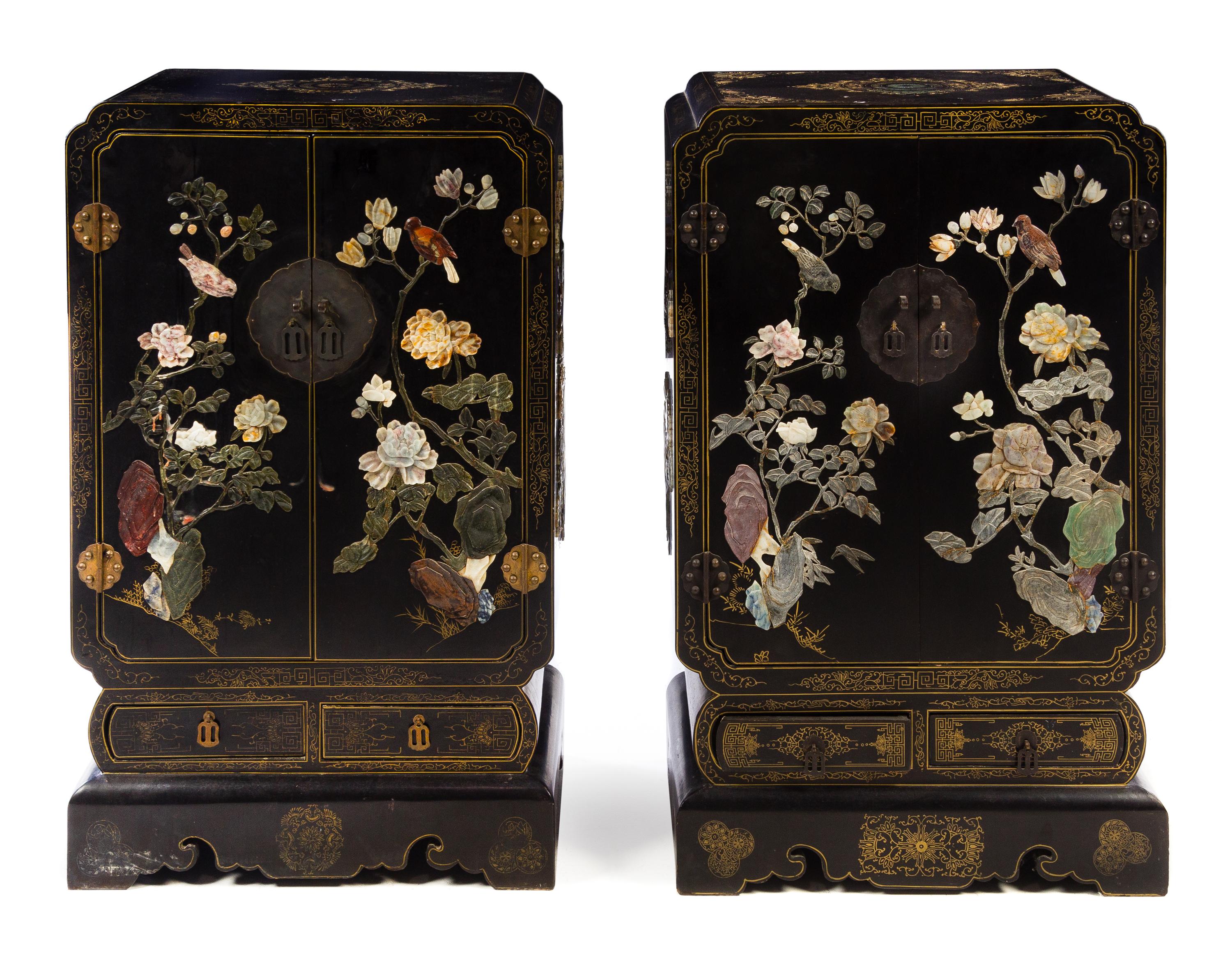 A Pair of Chinese Stone Inset Lacquered Cabinets Height 42 x width 26 x depth 16 inches. — 20TH CENTURY
