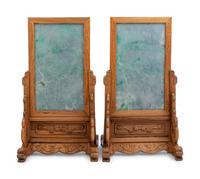 A Set of Four Chinese Export Carved Lavender and Green Jadeite Table Screens in Hardwood Stands
