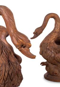 A Pair of Carved Pine Swan-Form Jardinières