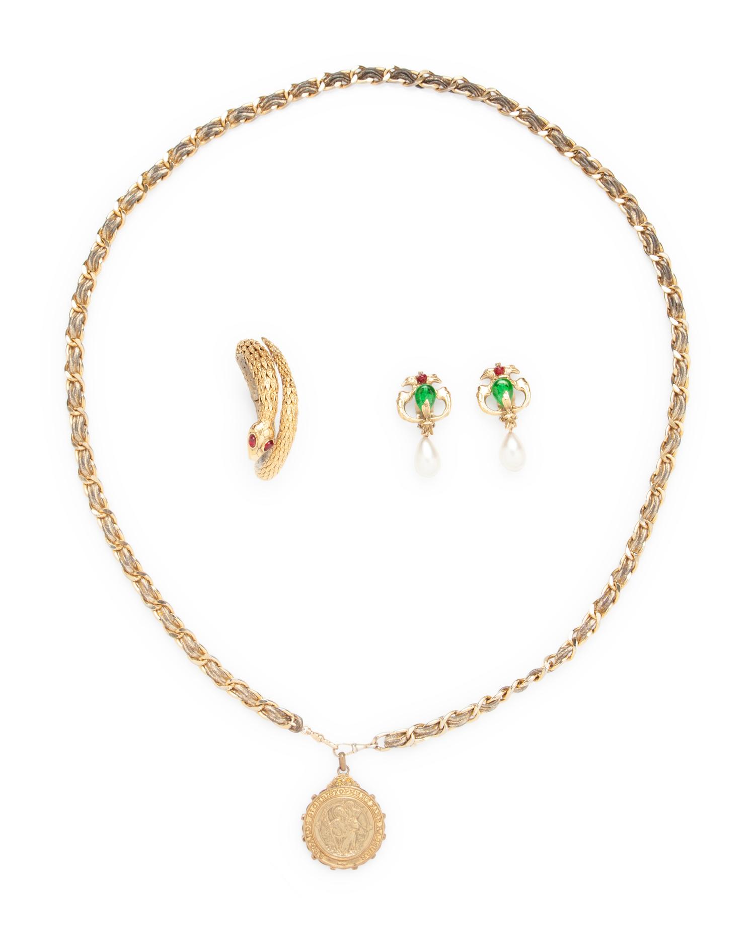 Three Chanel Jewelry Pieces: Earrings and Cuff by Robert Goossens and Pendant Necklace, 1954-74