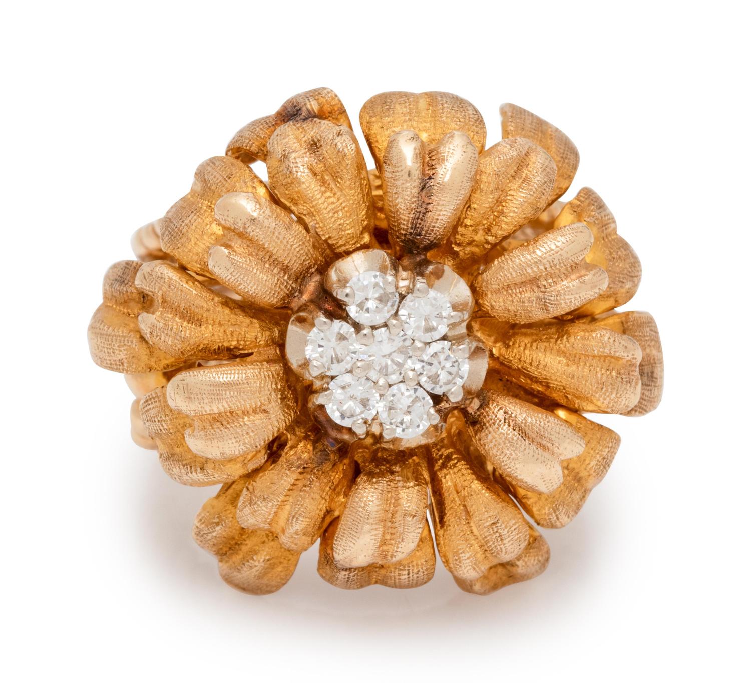 A Yellow Gold and Diamond Flower Ring,
