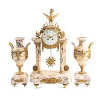 A French Gilt Bronze and Marble Three-Piece Clock Garniture