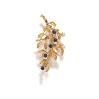 LAPIS LAZULI, CULTURED PEARL, AND YELLOW GOLD FOLIATE BROOCH