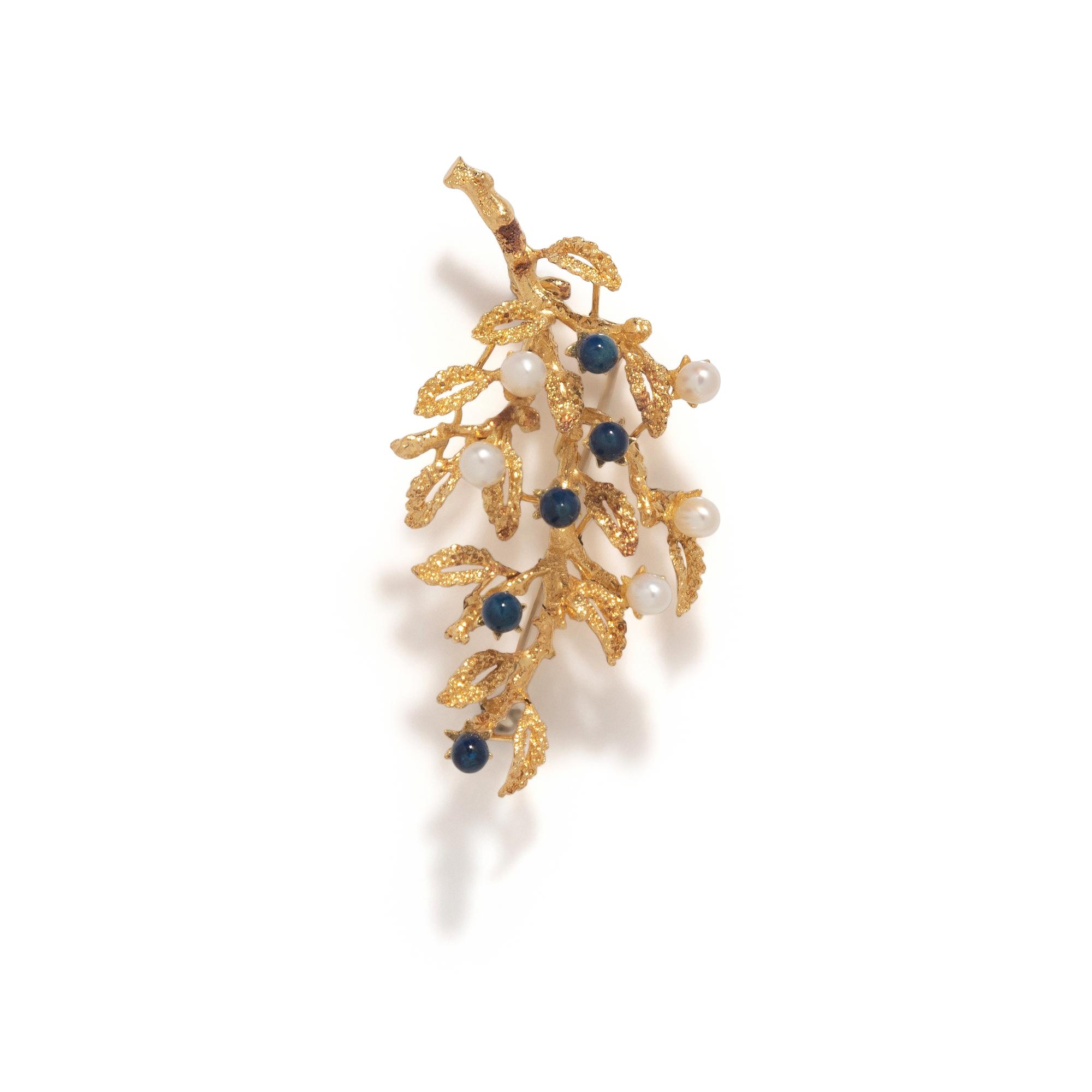 LAPIS LAZULI, CULTURED PEARL, AND YELLOW GOLD FOLIATE BROOCH