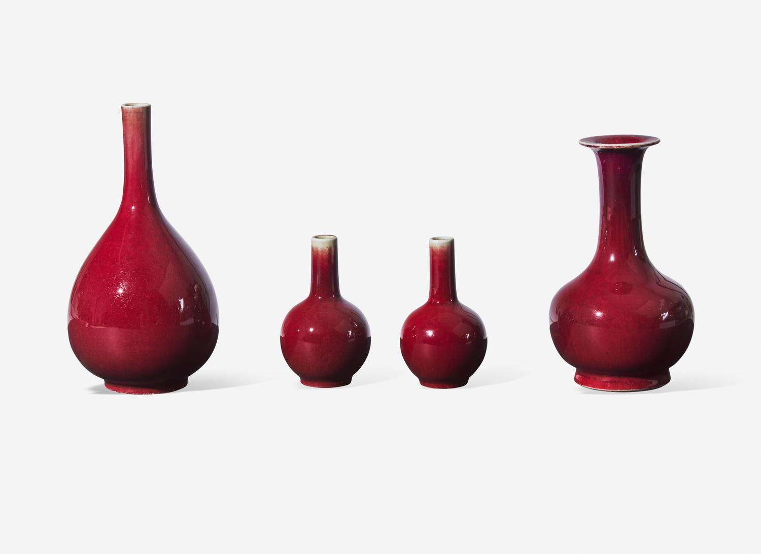 Four Copper-Red Glazed Porcelain Vases
