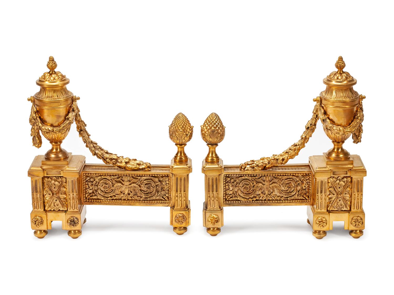 A Pair of Louis XVI Style Gilt Bronze Chenets