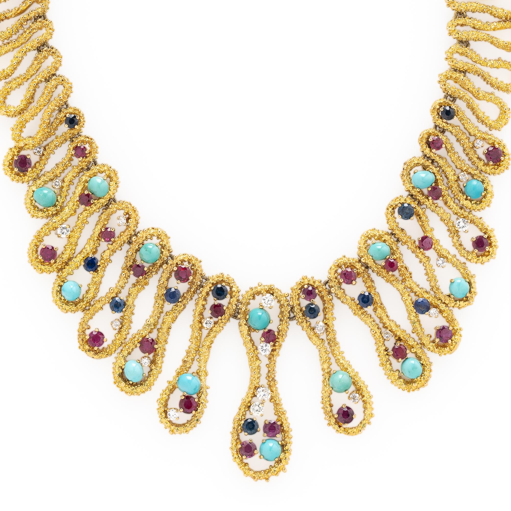 YELLOW GOLD, TURQUOISE, RUBY, SAPPHIRE, AND DIAMOND NECKLACE