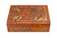 An Arts and Crafts Burlwood and Gilt Metal Inlaid Jewelry Casket Height 2 3/8 x width 7 5/8 x depth 4 1/2 inches. — LATE 19TH CENTURY