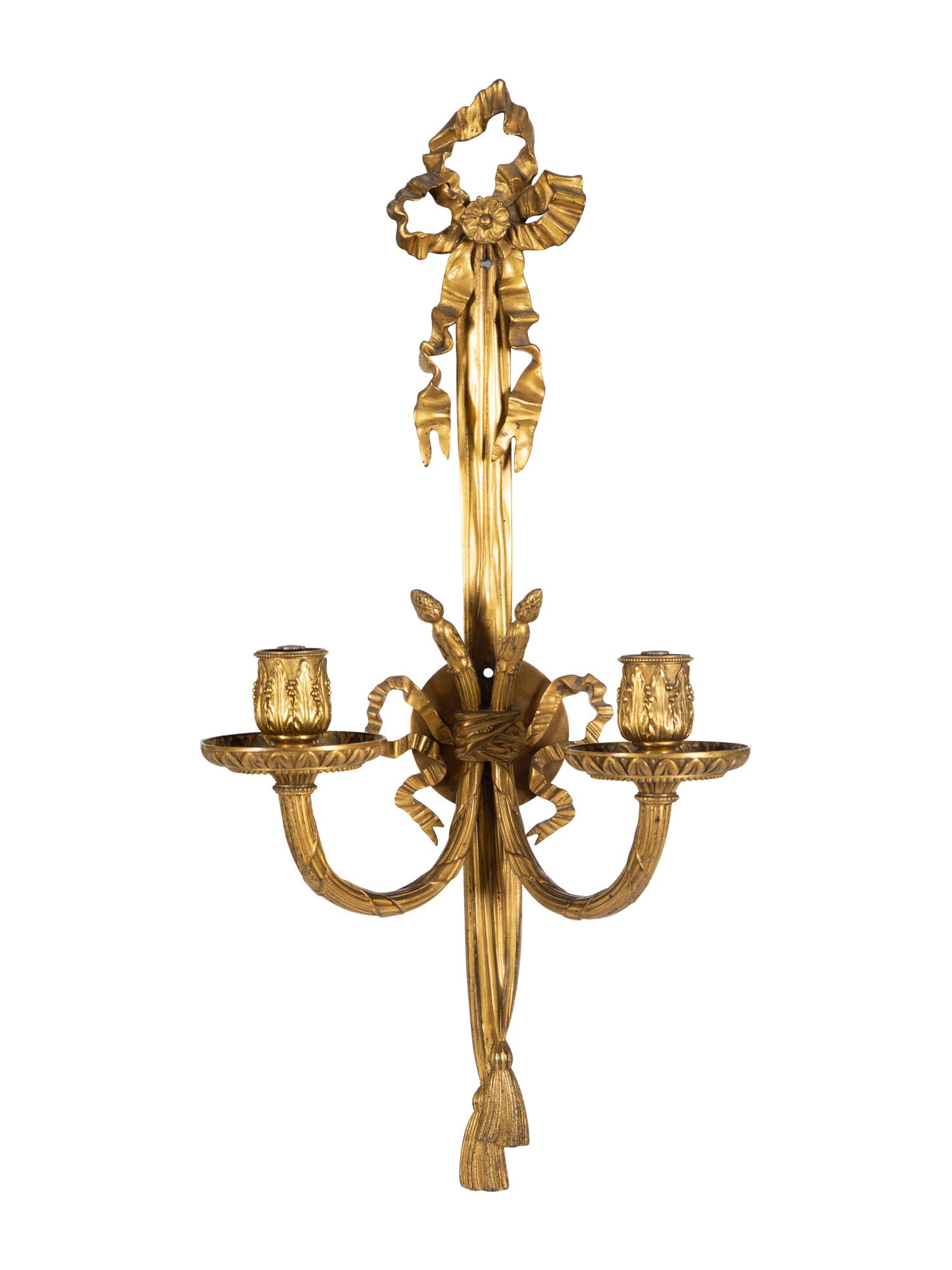 A Pair of Louis XVI Style Gilt Bronze Two-Light Sconces