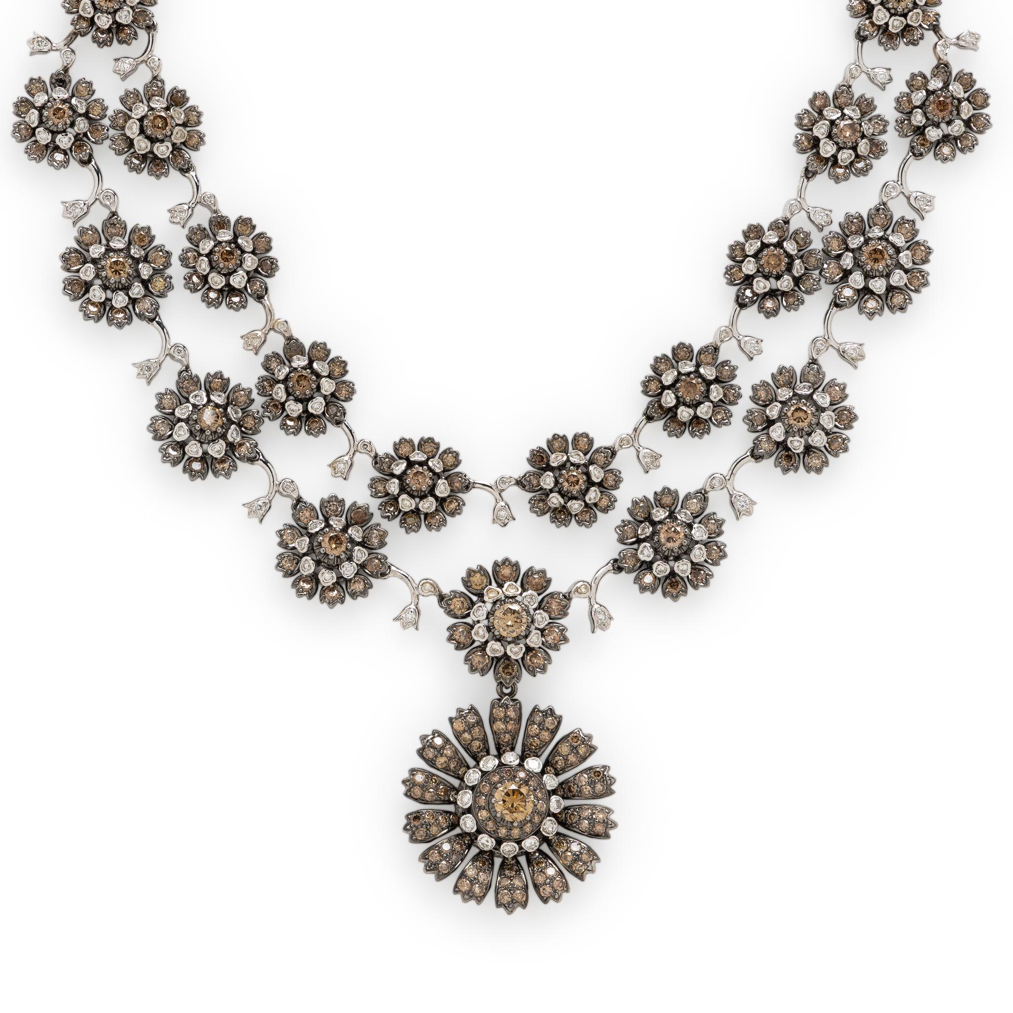 Colored Diamond and Diamond Flower Necklace and Earrings Set