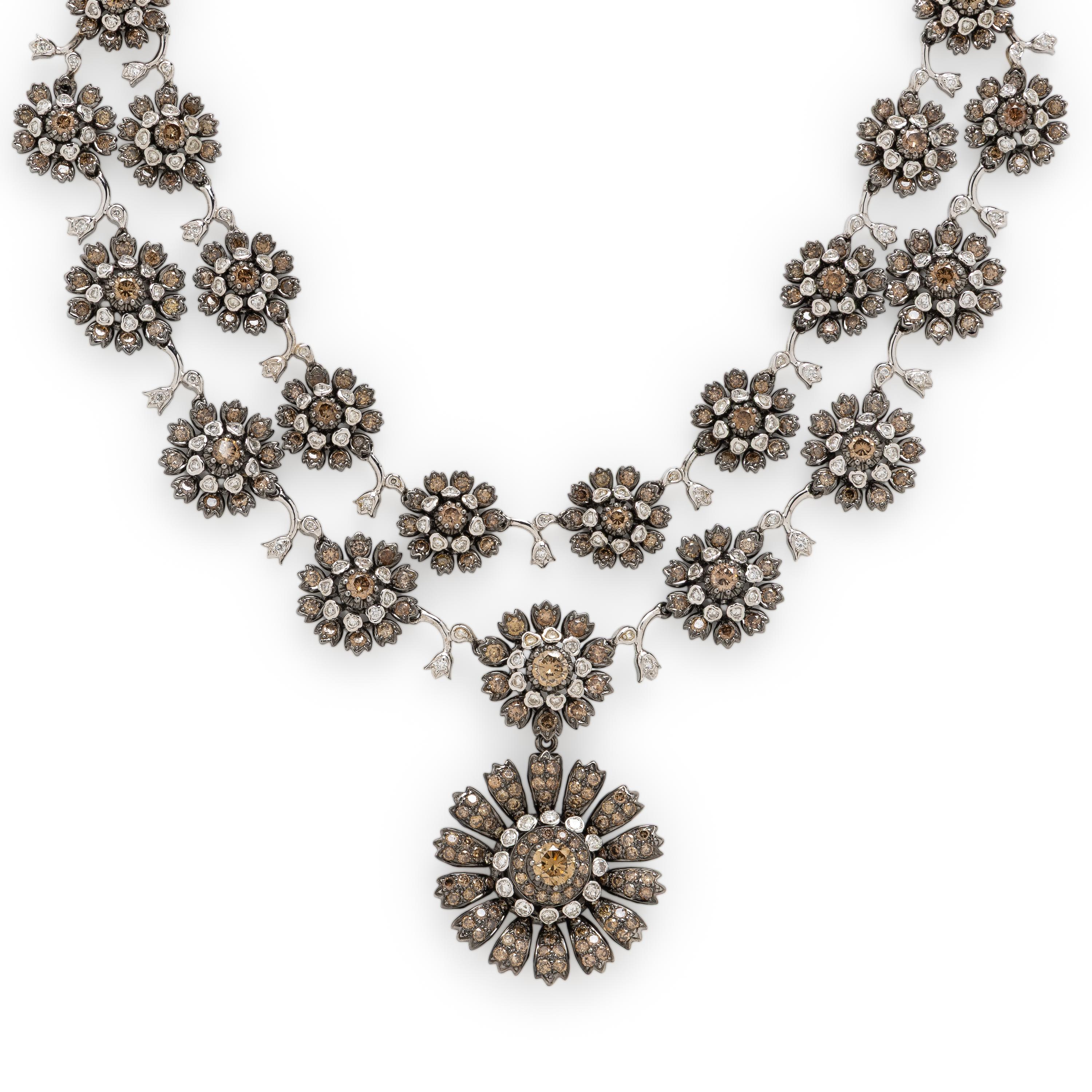 Colored Diamond and Diamond Flower Necklace and Earrings Set