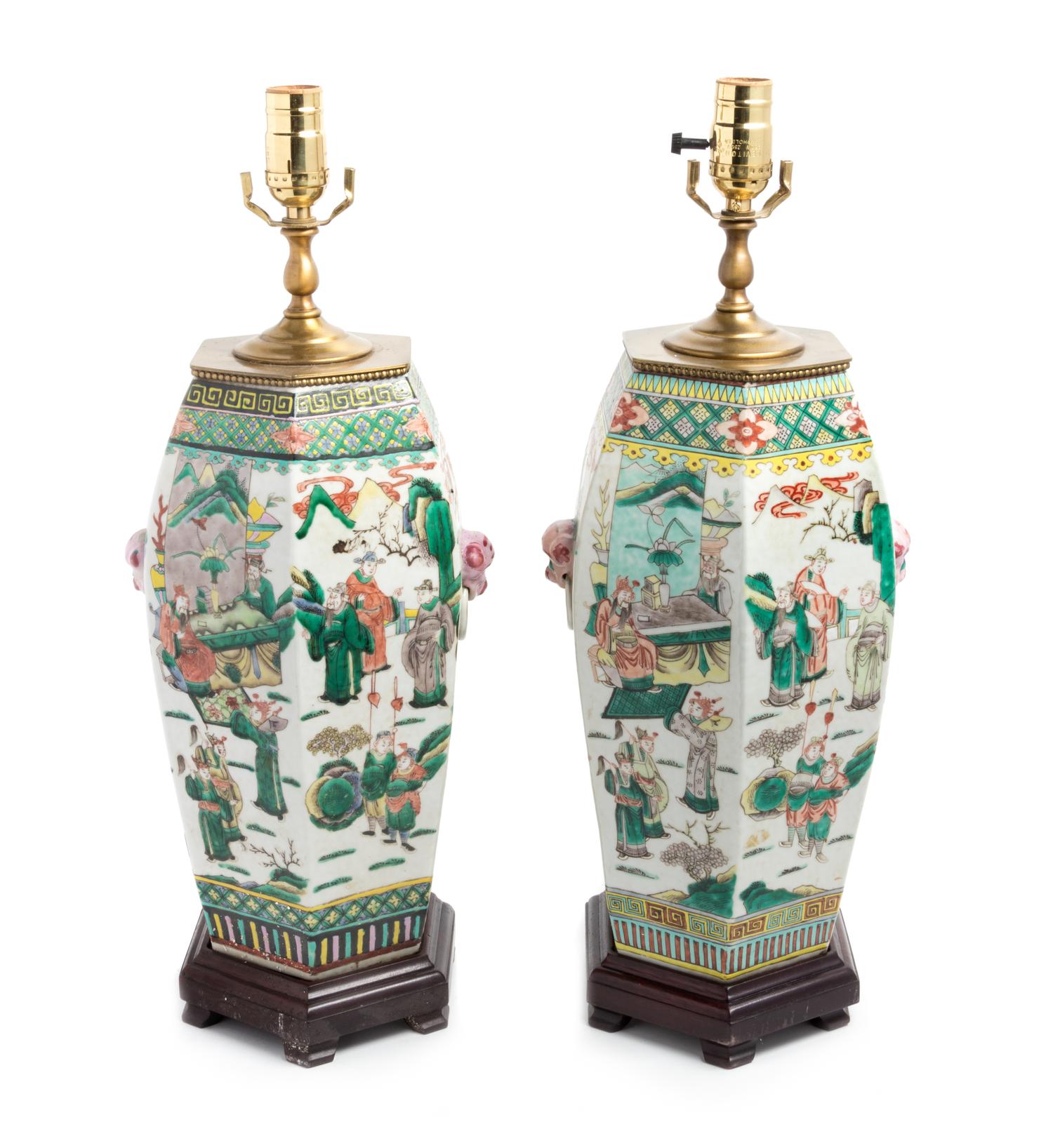 A Pair of Chinese Famille Verte Vases Height overall 22 ½ inches.