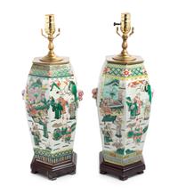 A Pair of Chinese Famille Verte Vases Height overall 22 ½ inches.
