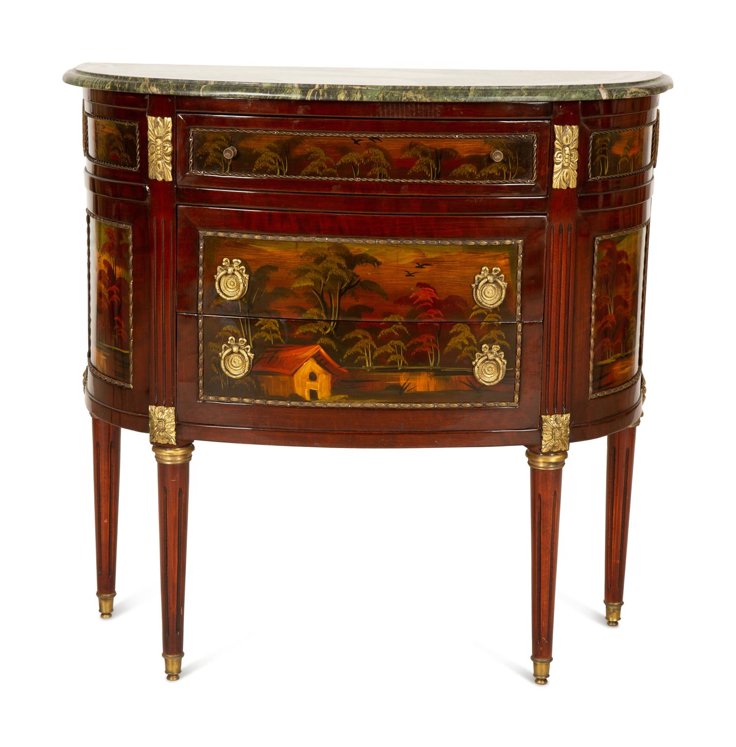 Two French Marble Top Gilt Metal Mounted Side Cabinets