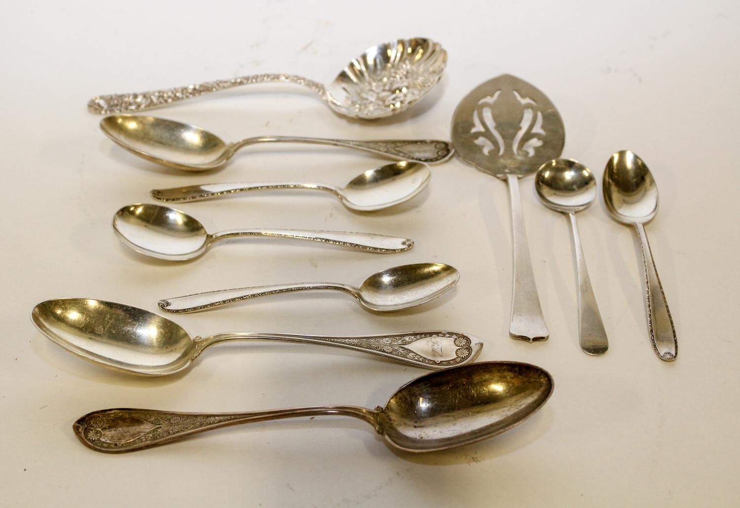 A Collection of American Silver Flatware Articles, Various Makers, comprising: 6 serving spoons, Wood & Hughes, New York, NY 6 soup spo
