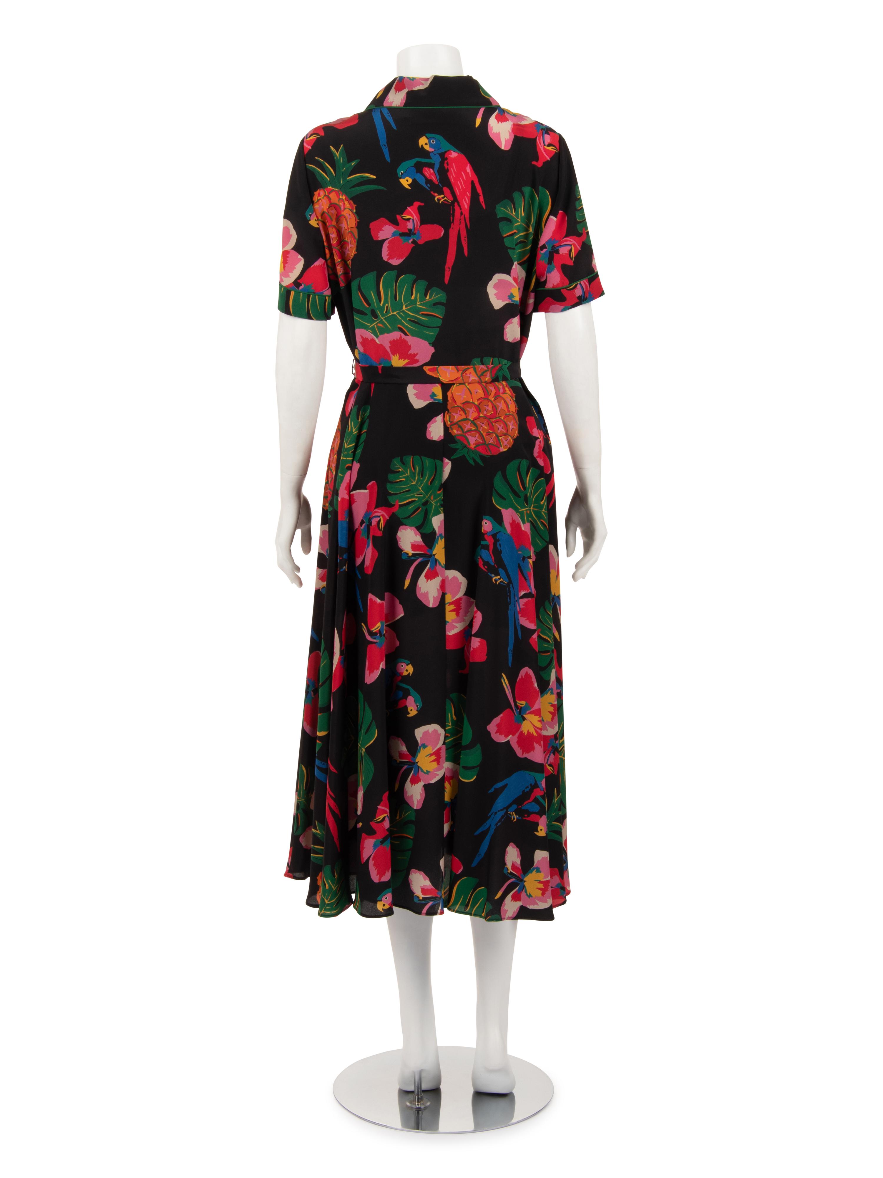 Valentino Silk Short Sleeve Tropical Print Dress with Belt, Resort 2017