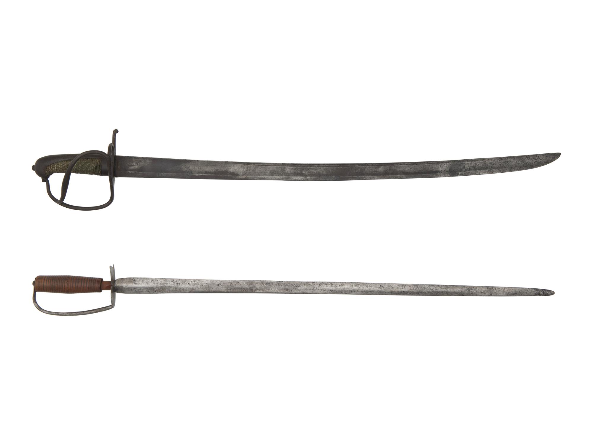 [MILITARIA]. 2 swords, incl. early 19th century iron-hilted short sword.