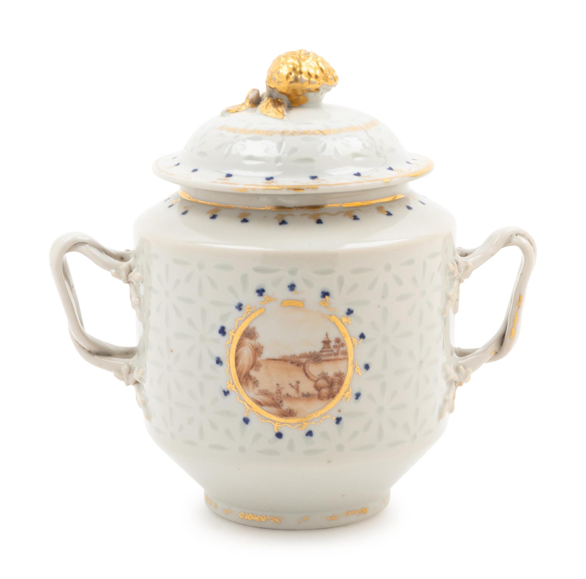 A Chinese Export Parcel Gilt Decorated Porcelain Covered Sugar Bowl