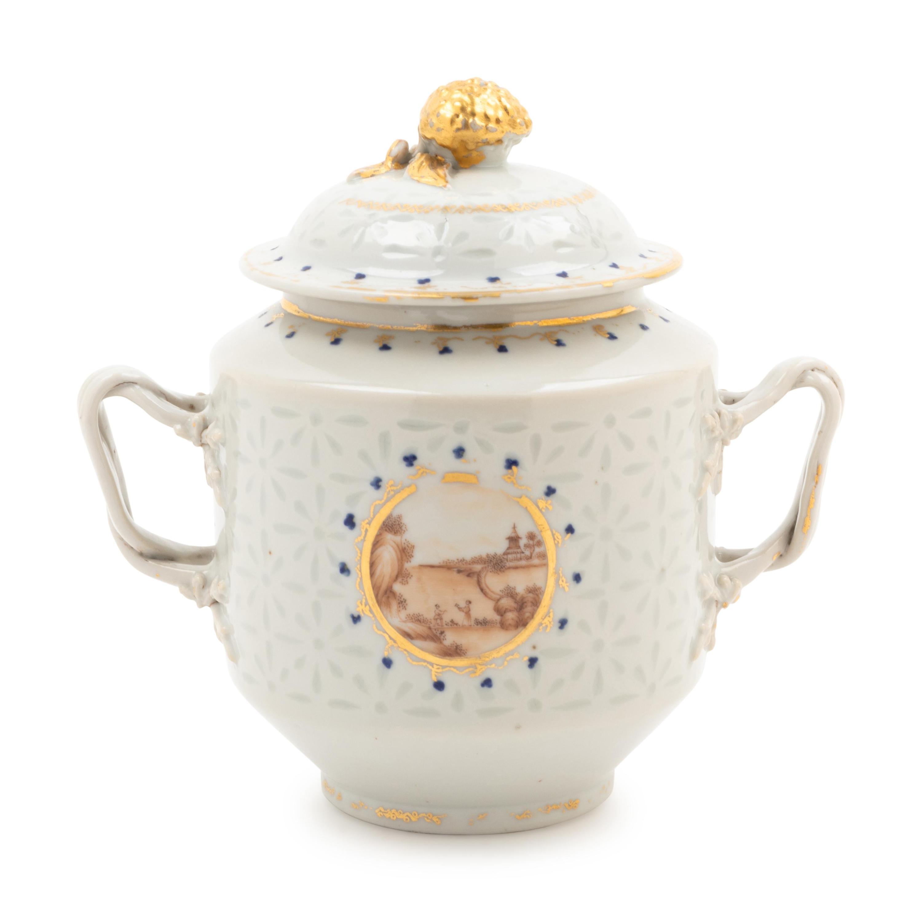 A Chinese Export Parcel Gilt Decorated Porcelain Covered Sugar Bowl