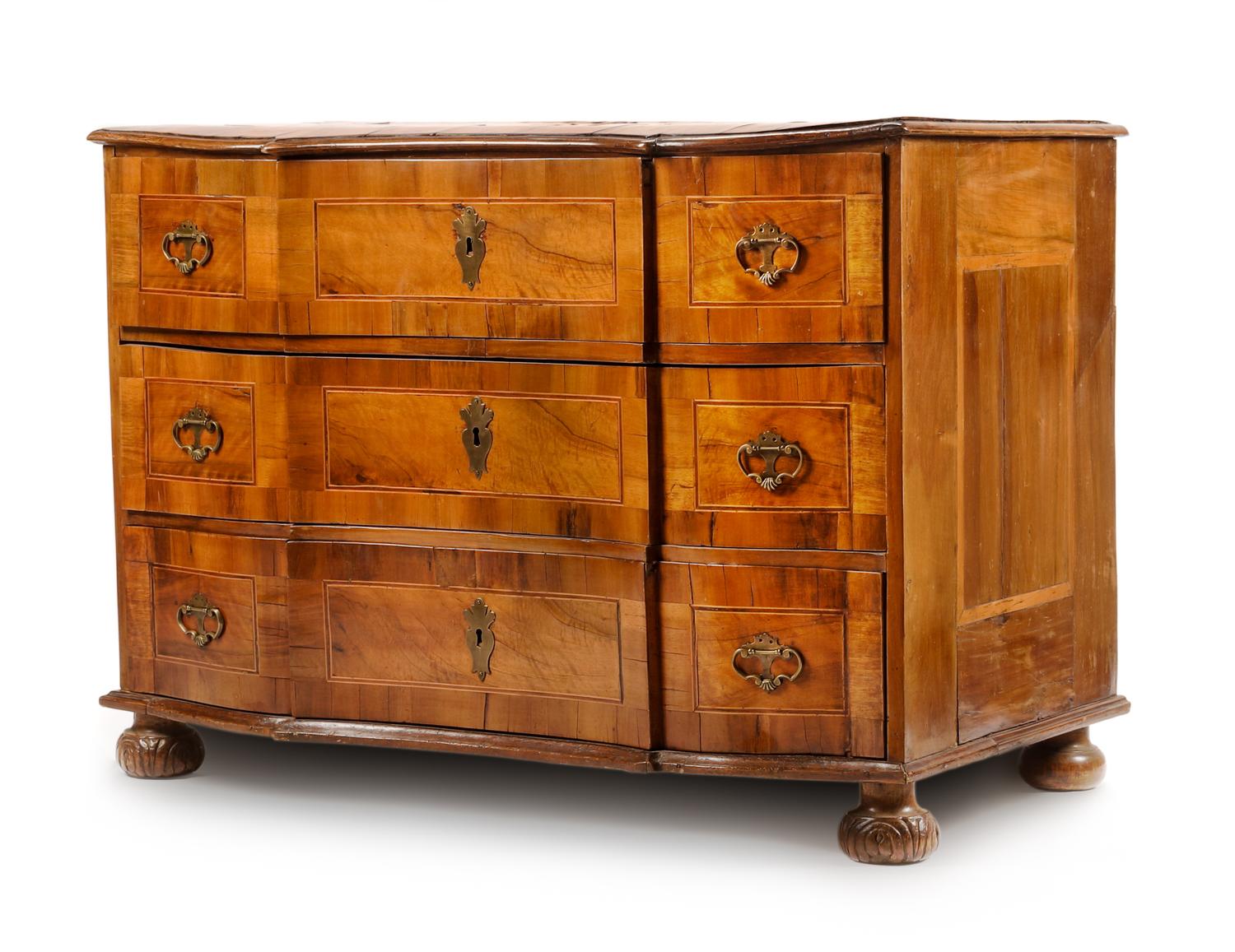 A German Parquetry Chest of Drawers Height 33 3/4 x width 47 x depth 25 1/4 inches. — 18TH/19TH CENTURY