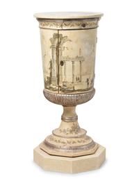 A Pair of English Painted Pedestal Cabinets with Grisaille Landscapes