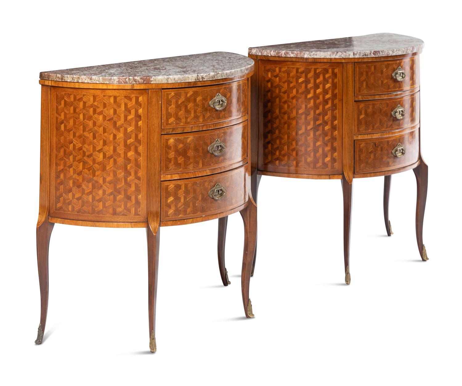 A Pair of Louis XV/XVI Transitional Style Parquetry Marble-Top Demilune Commodes