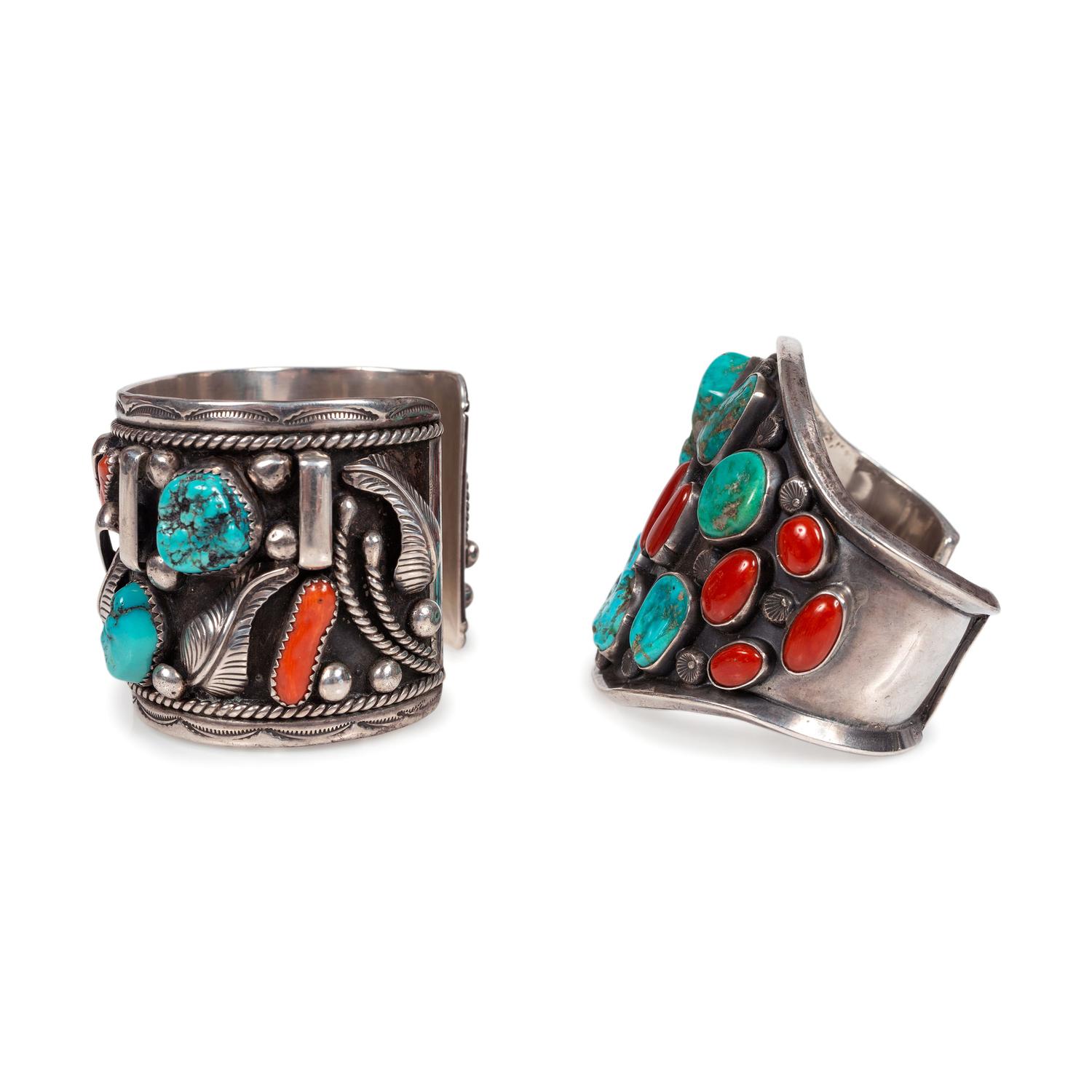 Pair of Navajo Silver, Turquoise, and Coral Cuff Bracelets