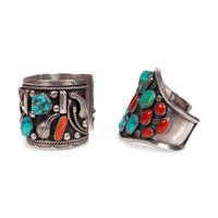 Pair of Navajo Silver, Turquoise, and Coral Cuff Bracelets