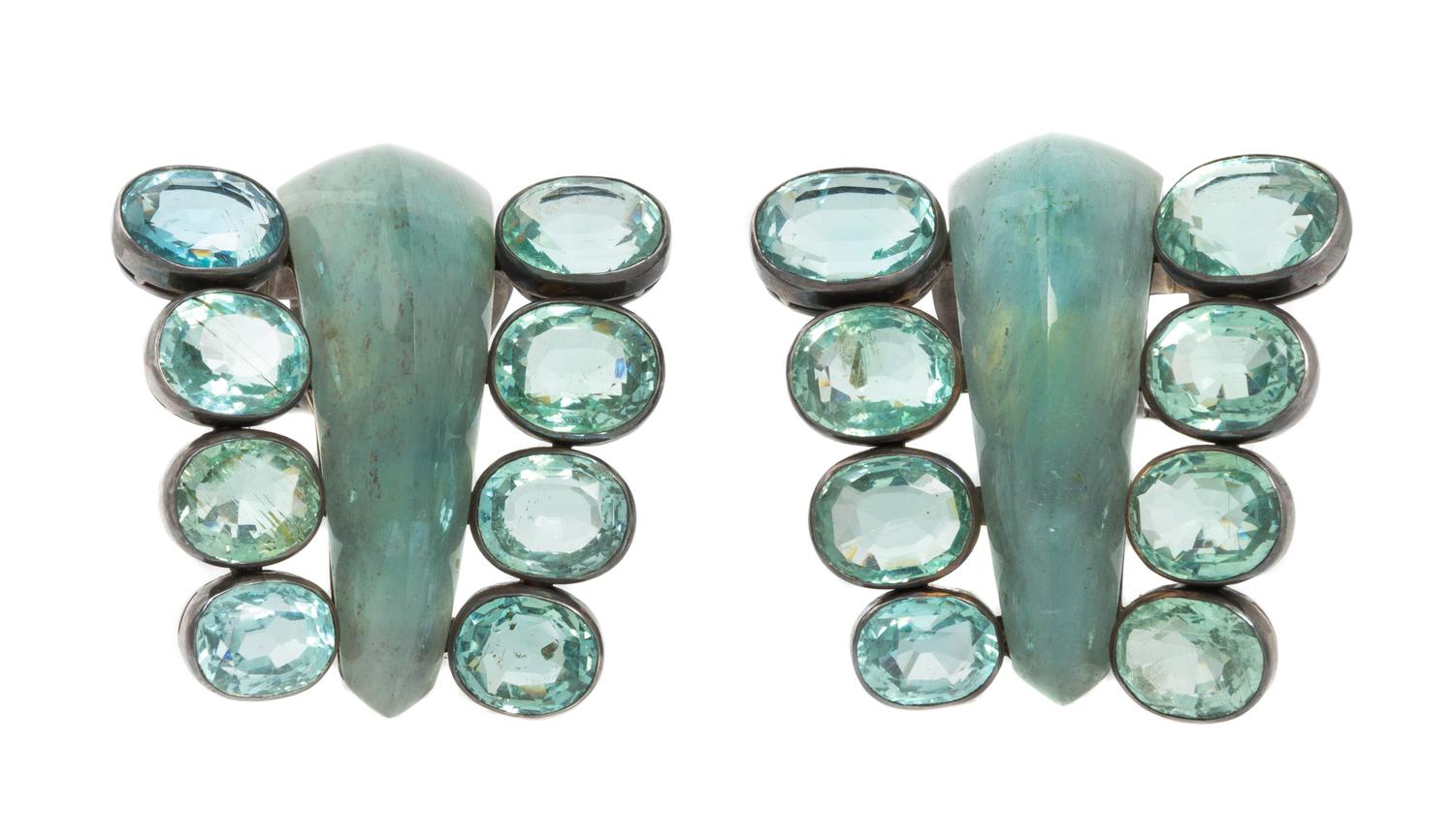 A Pair of Silver, Green Beryl and Carved Aquamarine Dress Clips, Suzanne Belperron, 67.30 dwts.