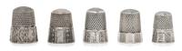Five Silver Thimbles, Simons Bros., Philadelphia, PA and others, each having a knurled top and body above a paneled base.