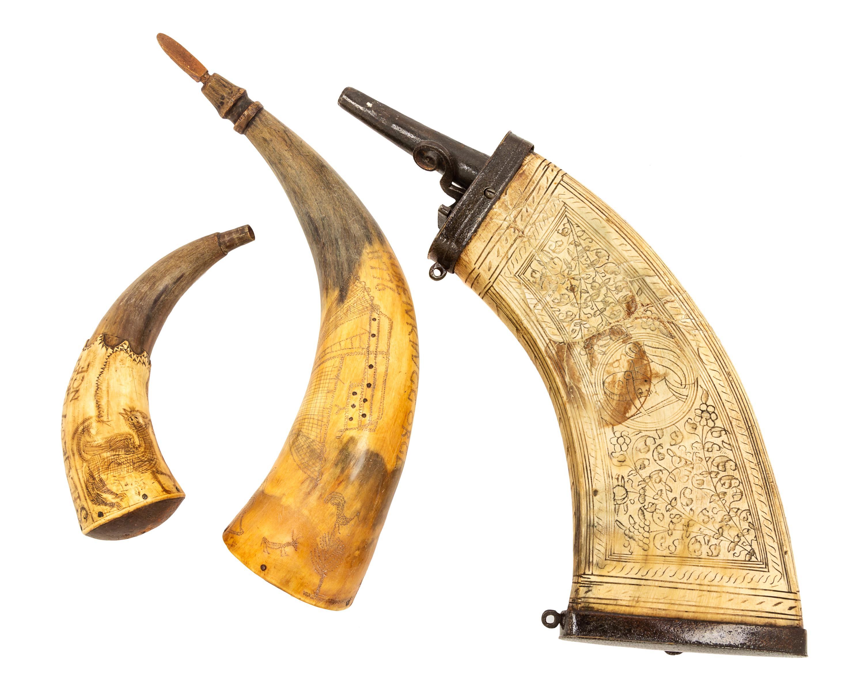 Three Folk Decorated Powder Horns Length of longest 15 inches. — 18TH AND 19TH CENTURY