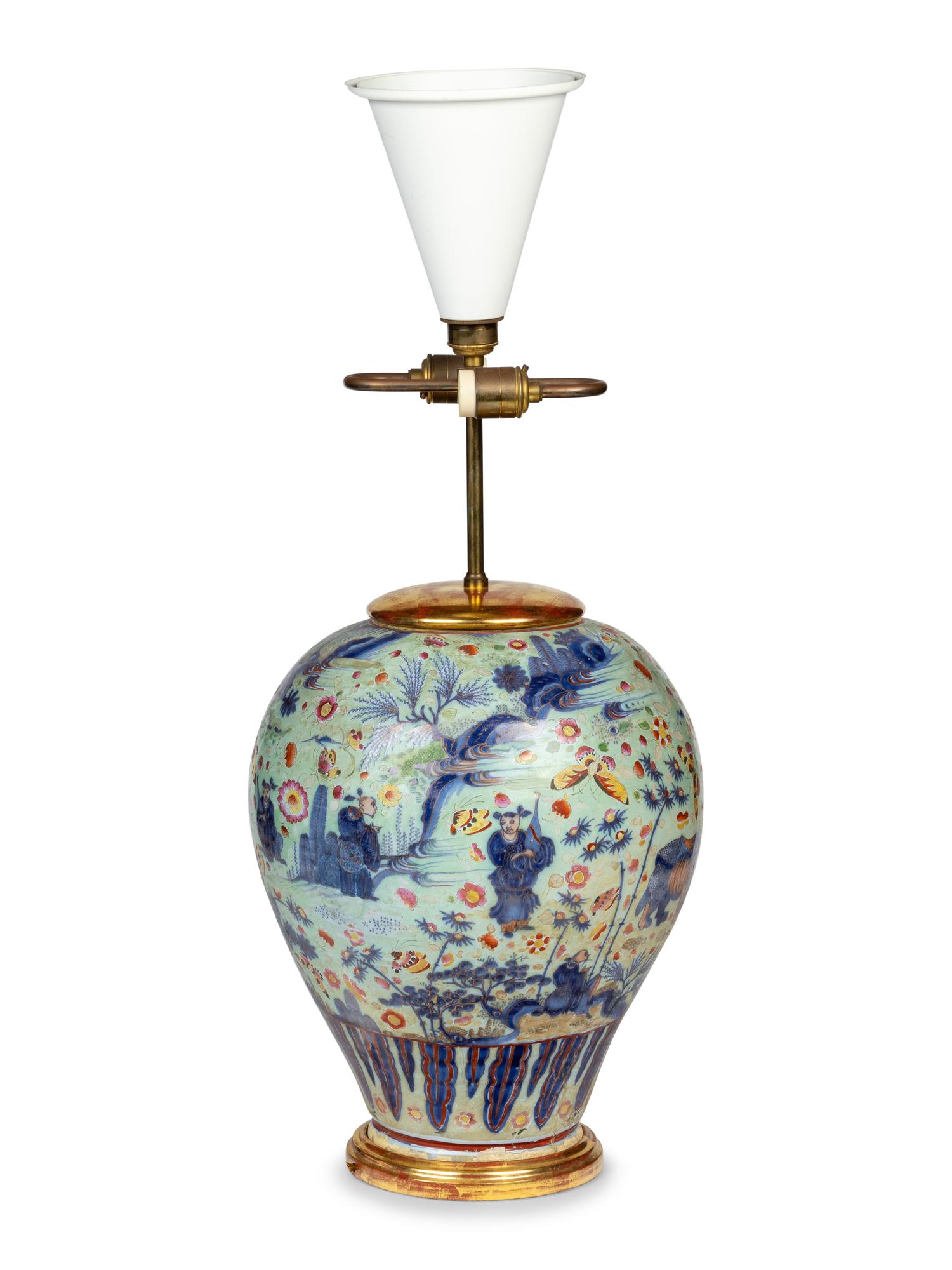 An English Decalcomania Porcelain Vase Mounted as a Lamp