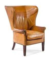 A George III Style Leather-Upholstered Wingback Chair Height 45 1/4 x width 32 3/4 x depth 35 inches. — LATE 19TH/EARLY 20TH CENTURY