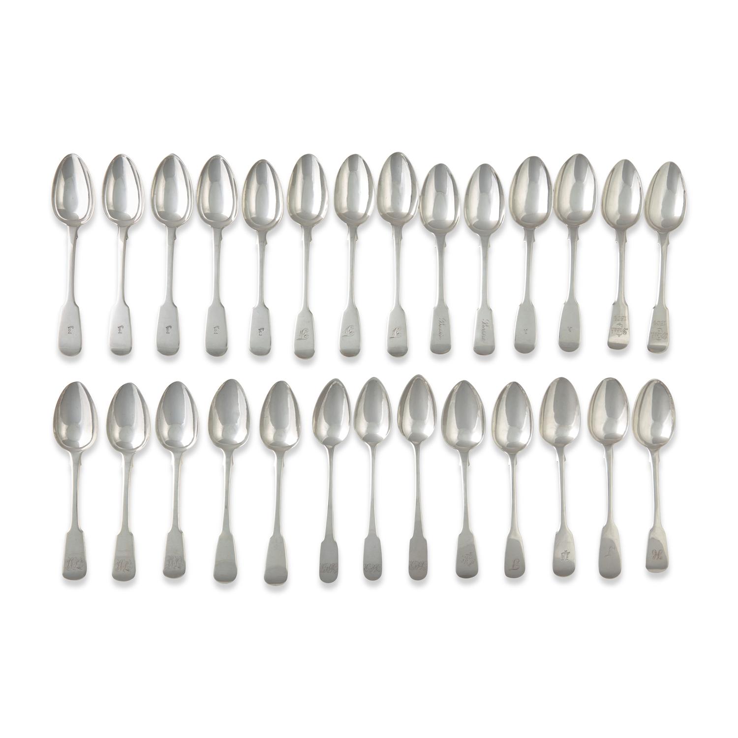 An Assembled Group of Twenty-Seven English Sterling Silver Fiddle-Back Spoons