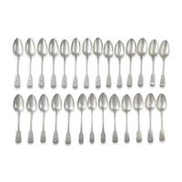 An Assembled Group of Twenty-Seven English Sterling Silver Fiddle-Back Spoons