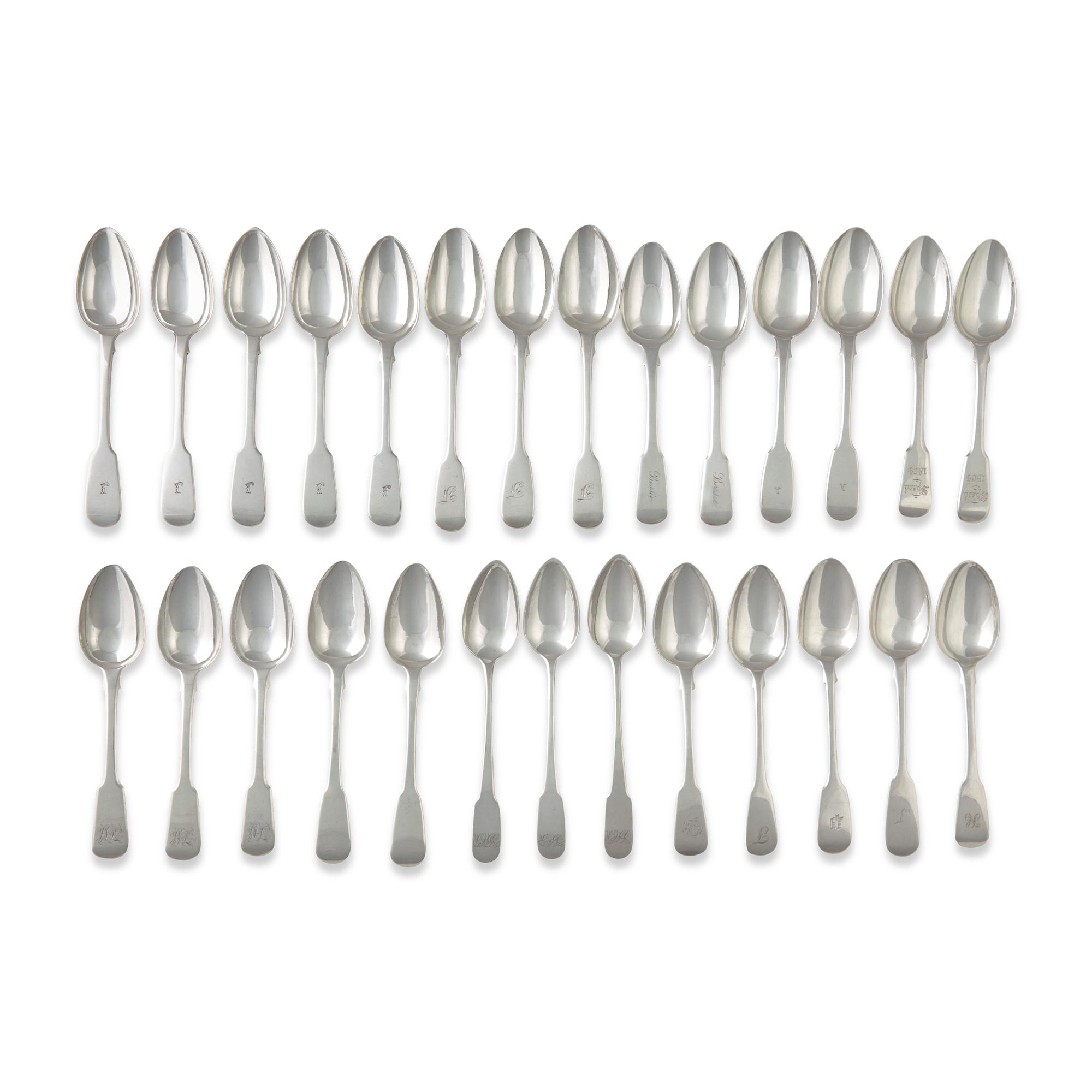 An Assembled Group of Twenty-Seven English Sterling Silver Fiddle-Back Spoons