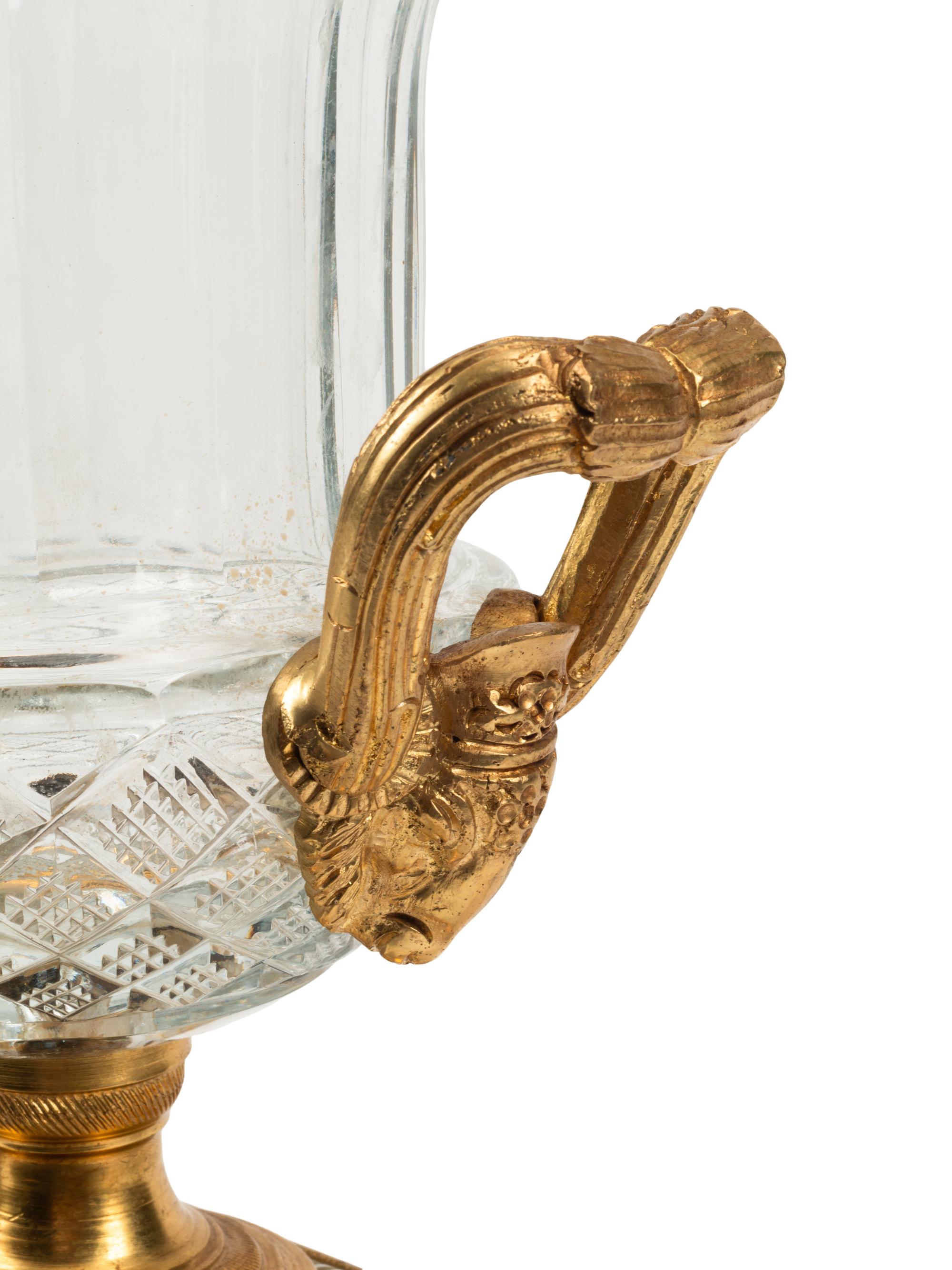 A Pair of Continental Gilt Bronze, Cut Glass and Malachite Urns