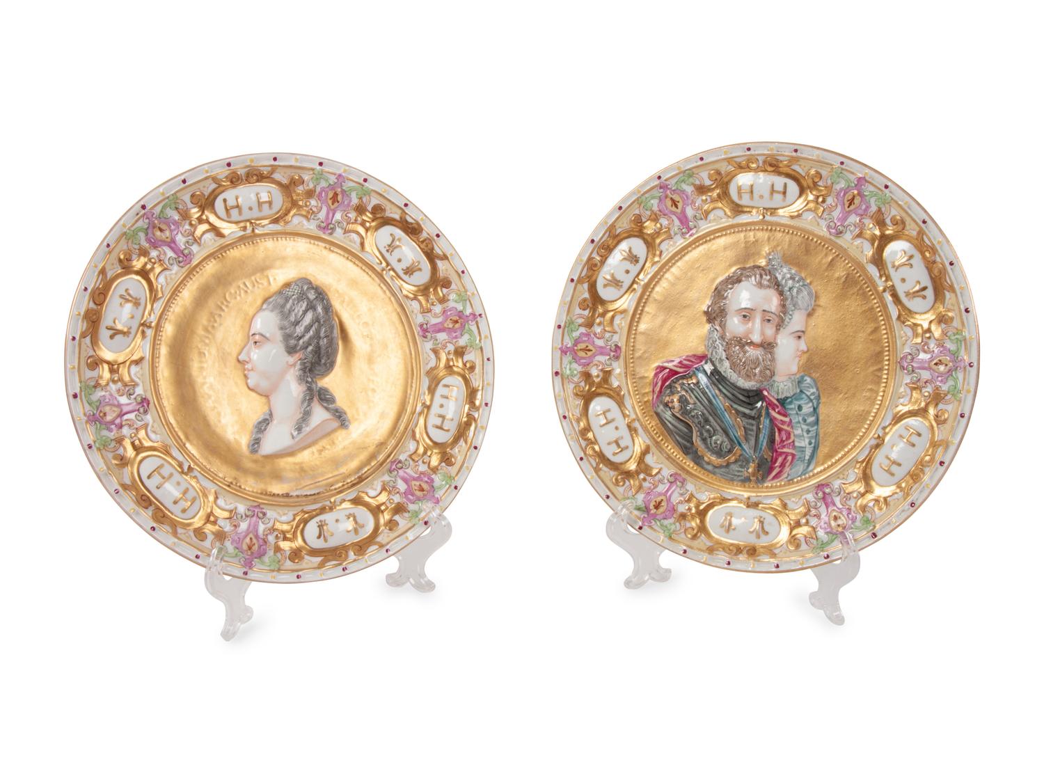 A Pair of Capodimonte Porcelain Relief Portrait Plates