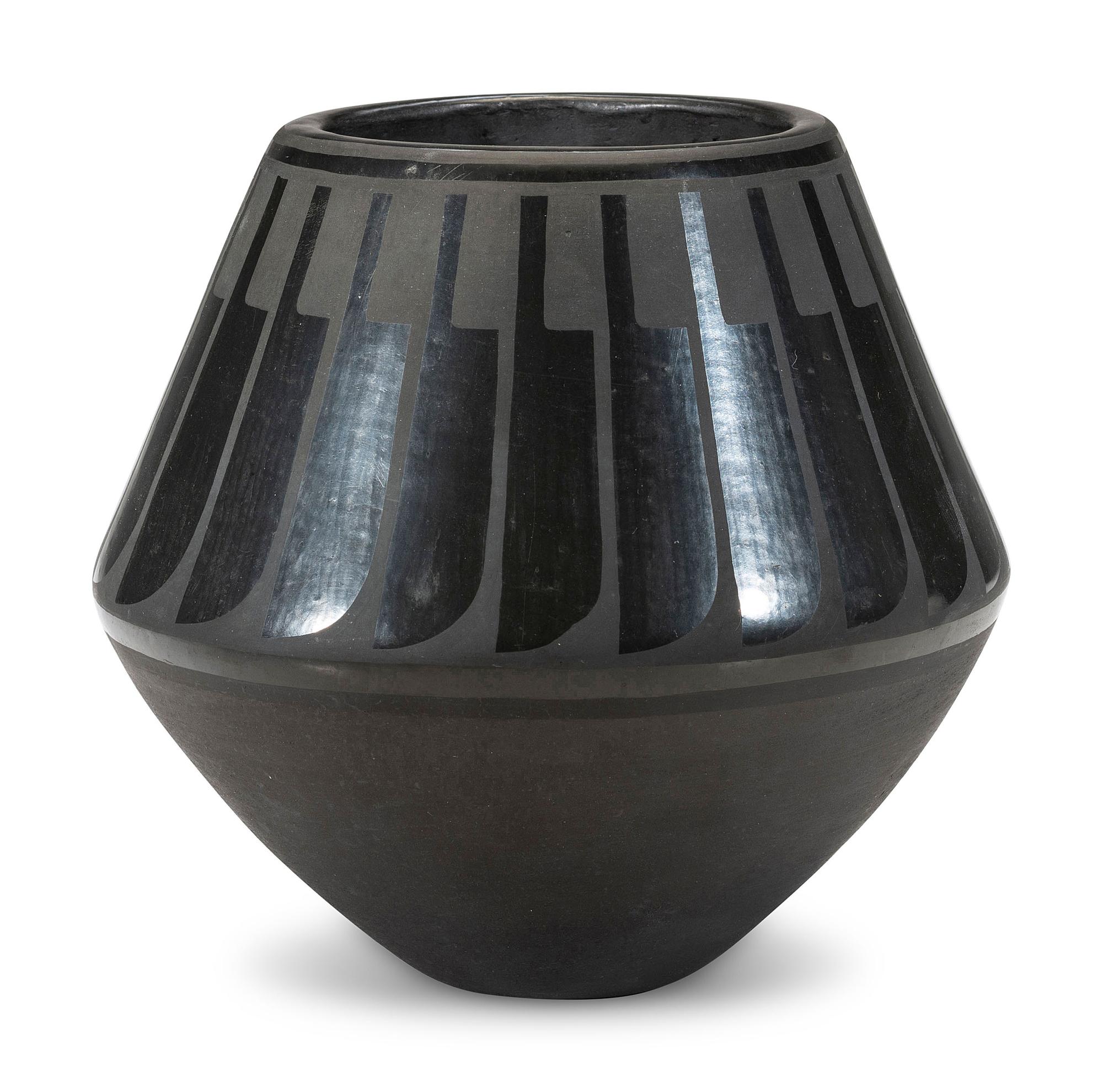 Blackware Pottery Jar, with Repeating Feathers