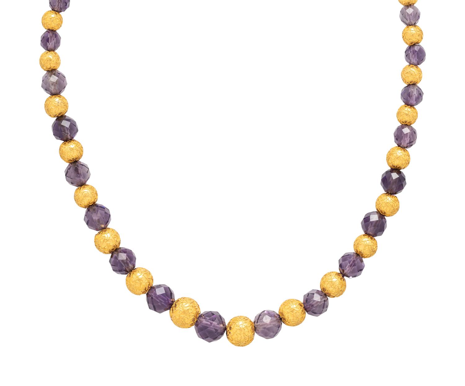 VICTORIAN, YELLOW GOLD AND AMETHYST BEAD NECKLACE