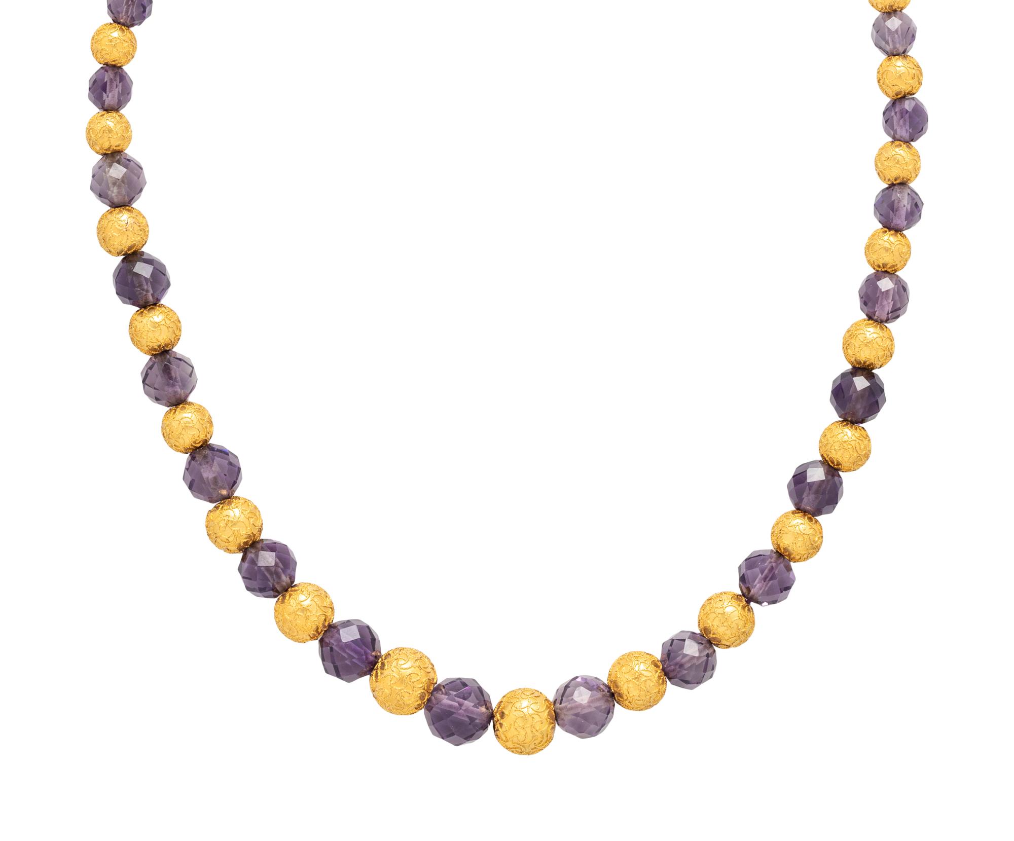 VICTORIAN, YELLOW GOLD AND AMETHYST BEAD NECKLACE