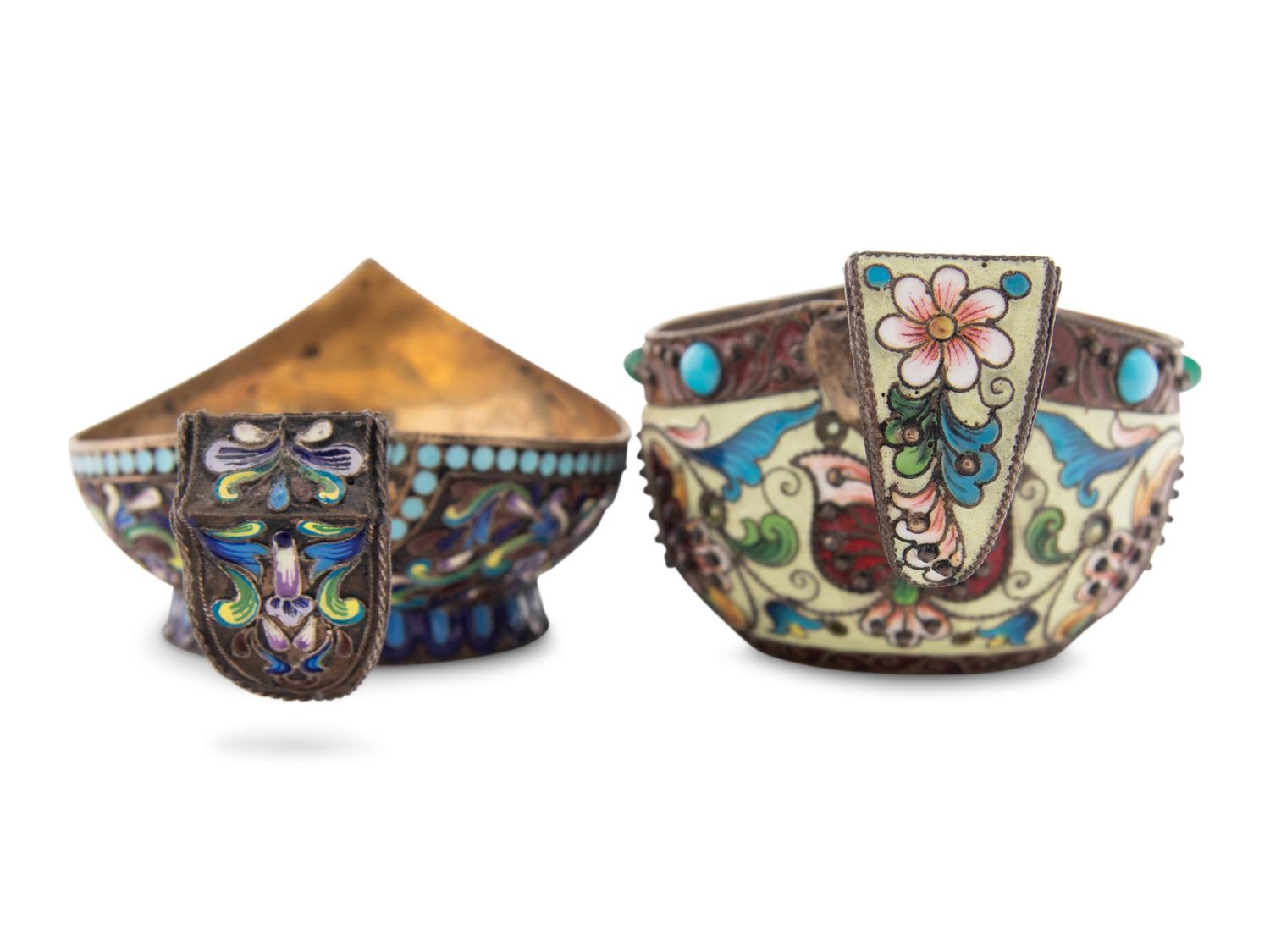 Two Russian Enameled Silver Kovshi