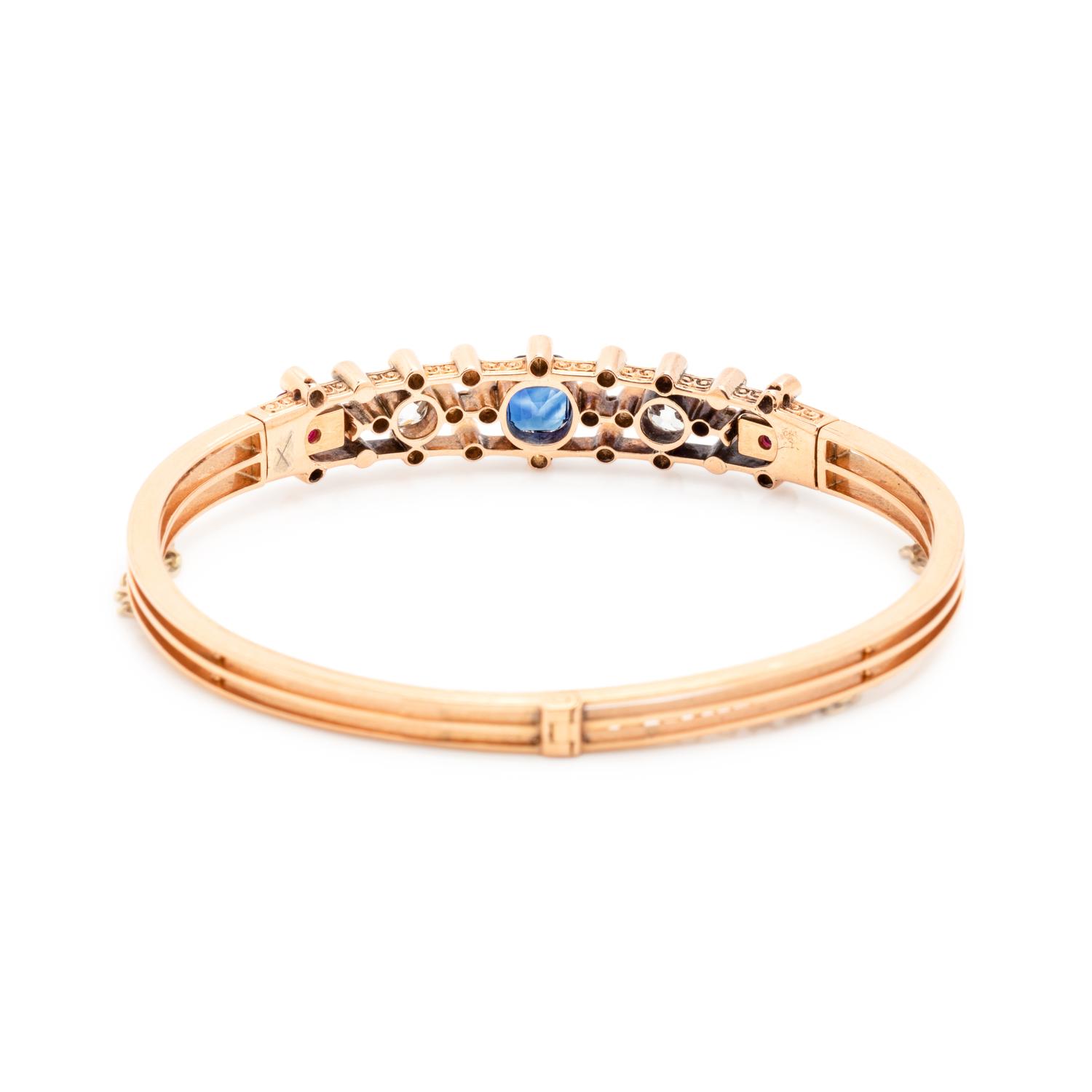 ANTIQUE, SAPPHIRE, DIAMOND AND RUBY BANGLE BRACELET