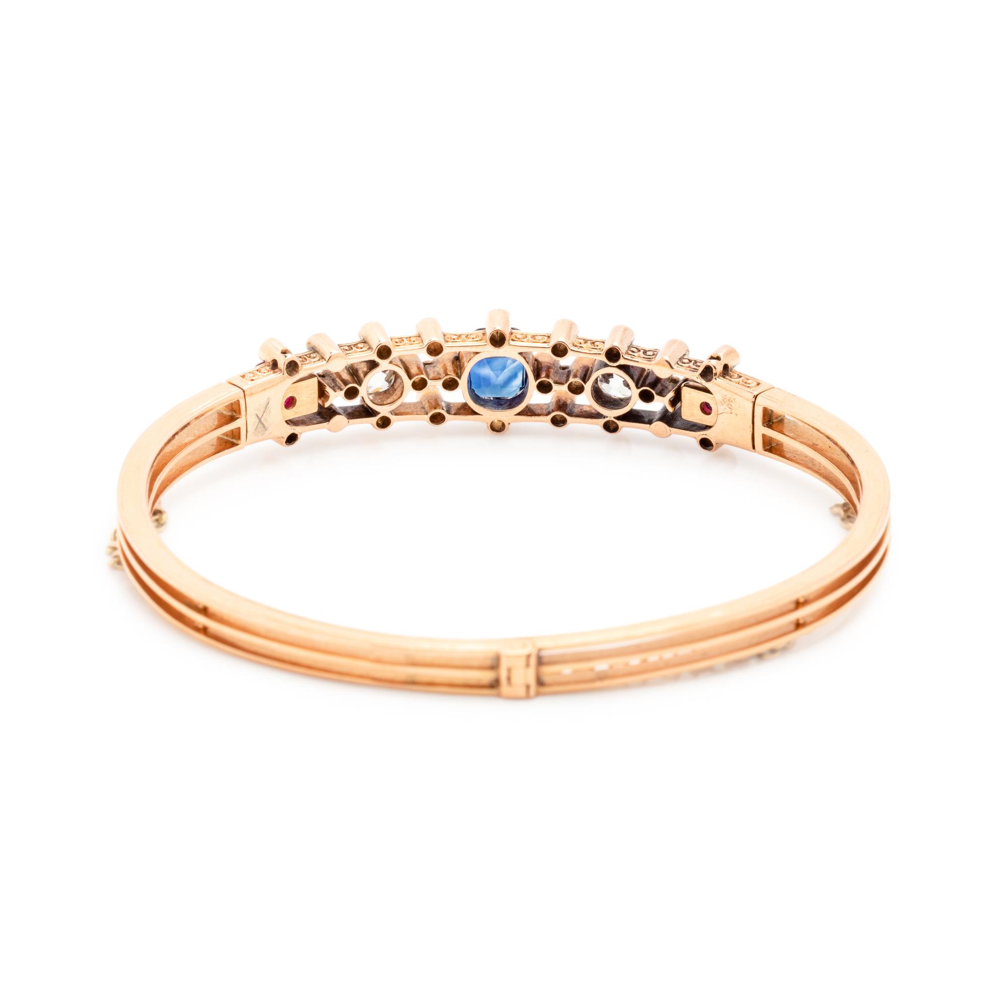 ANTIQUE, SAPPHIRE, DIAMOND AND RUBY BANGLE BRACELET