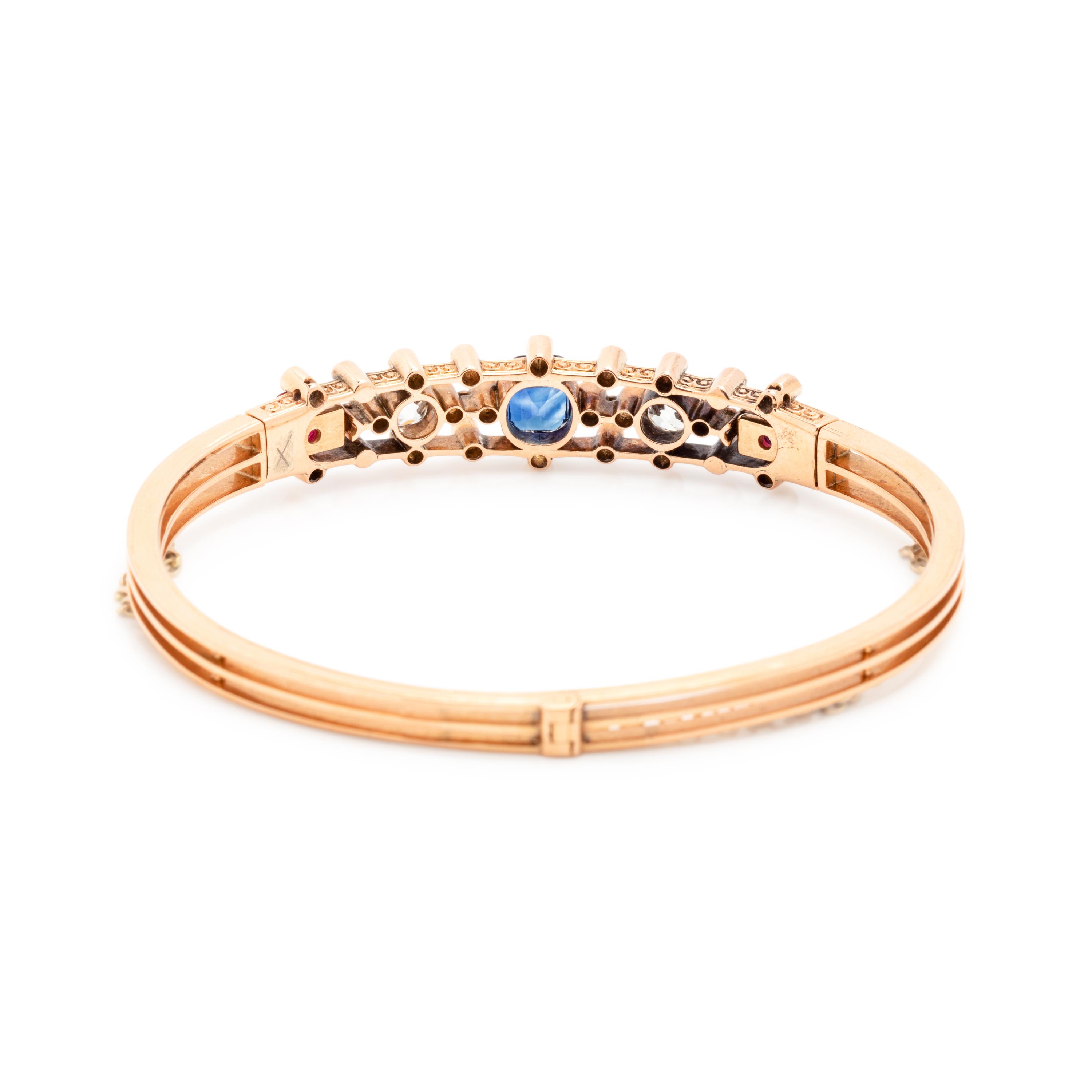 ANTIQUE, SAPPHIRE, DIAMOND AND RUBY BANGLE BRACELET