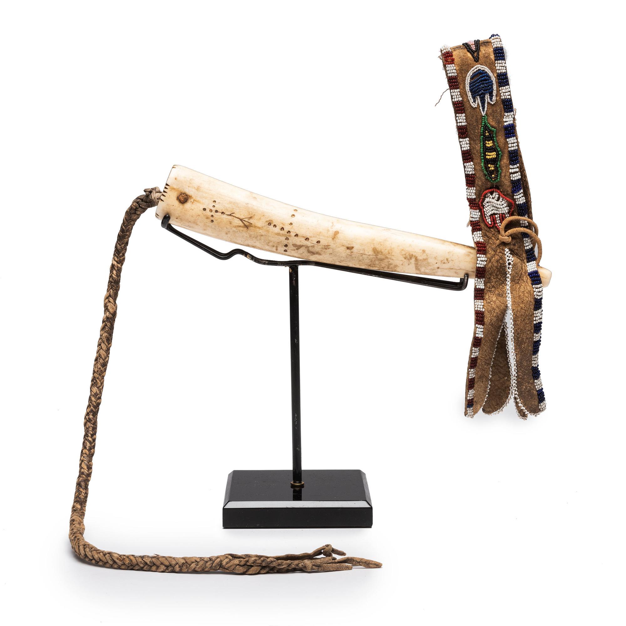 Kiowa Decorated Antler Quirt, with Buffalo Hide Wrist Strap