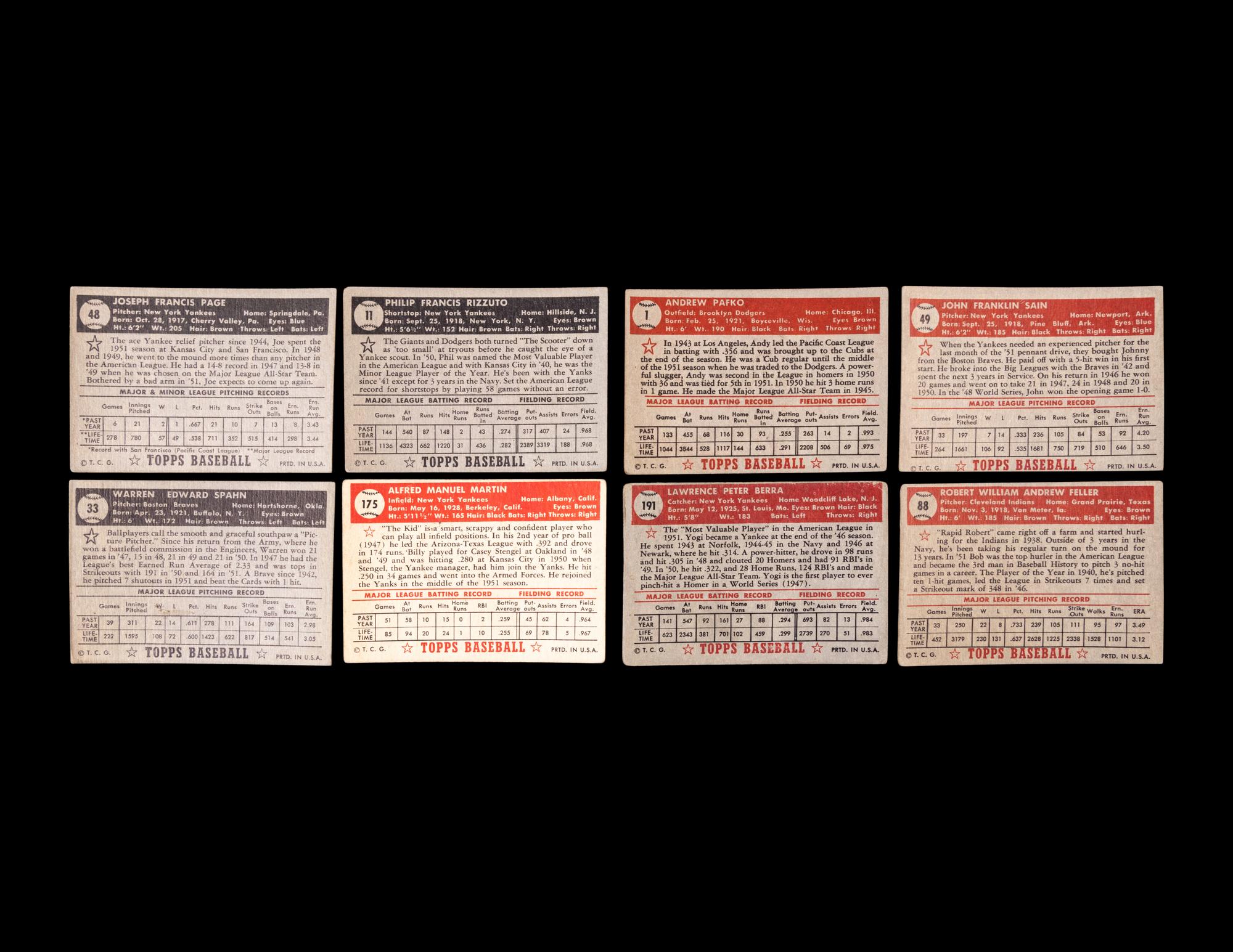 A Group of Eight 1952 Topps Baseball Cards Including Andy Pafko Card No. 1 and Multiple Hall of Famers,