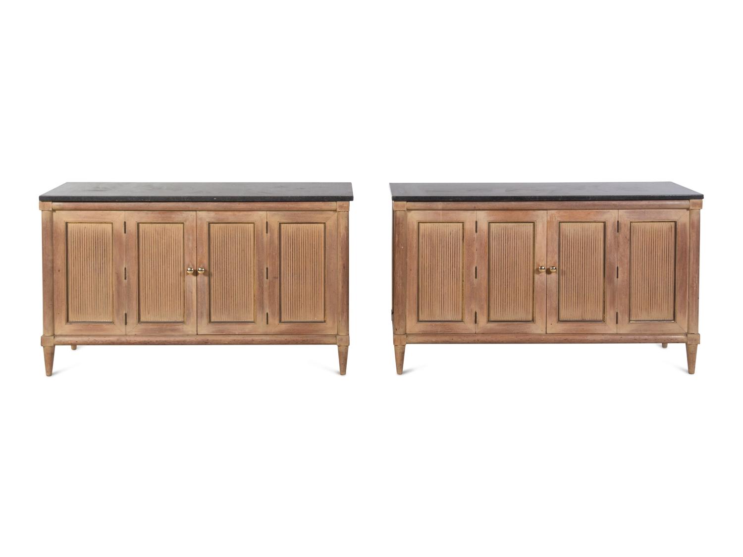 A Pair of Reed-Carved Marble-Top Console Cabinets in the Style of Maison Jansen