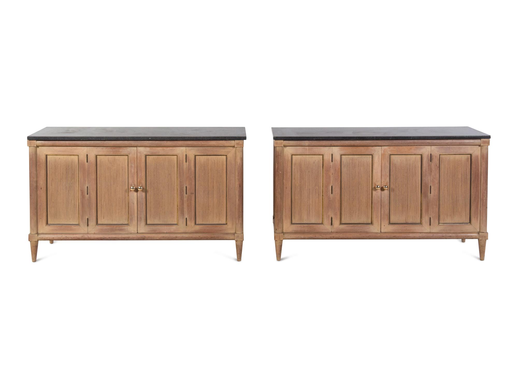 A Pair of Reed-Carved Marble-Top Console Cabinets in the Style of Maison Jansen